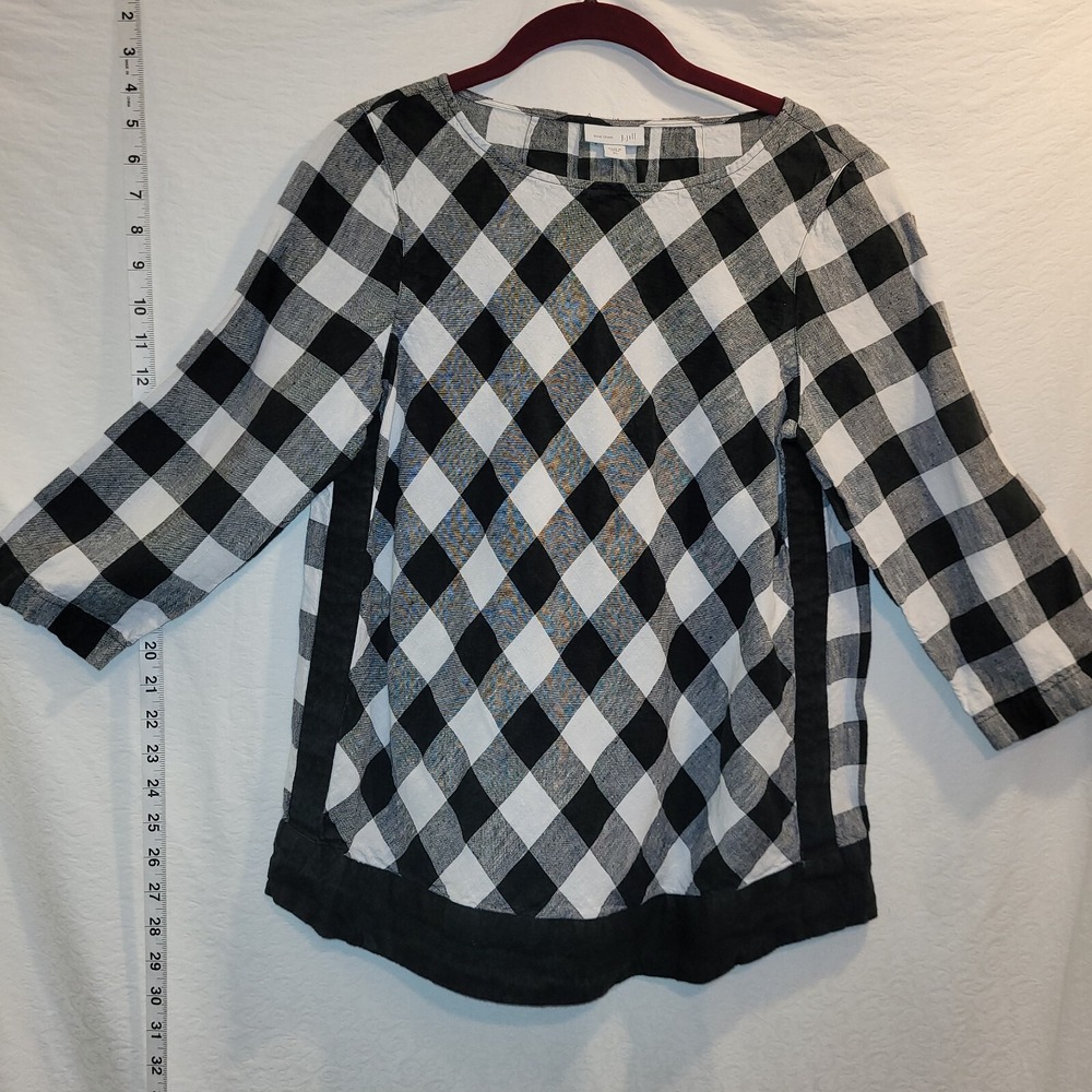 J Jill XS-Med Love 100% Linen Buffalo Plaid Blouse Shirt Black White 3/4 Sleeve